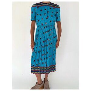 80s vintage blue colorful geometric bold abstract print retro pleated midi dress